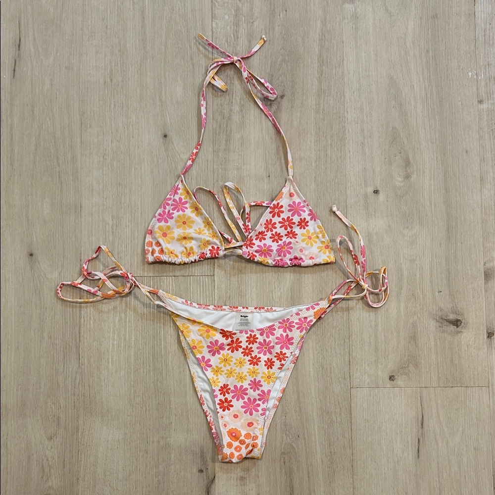Bright swimwear Floral string Bikini Set in Pink and Orange - Picture 1 of 8